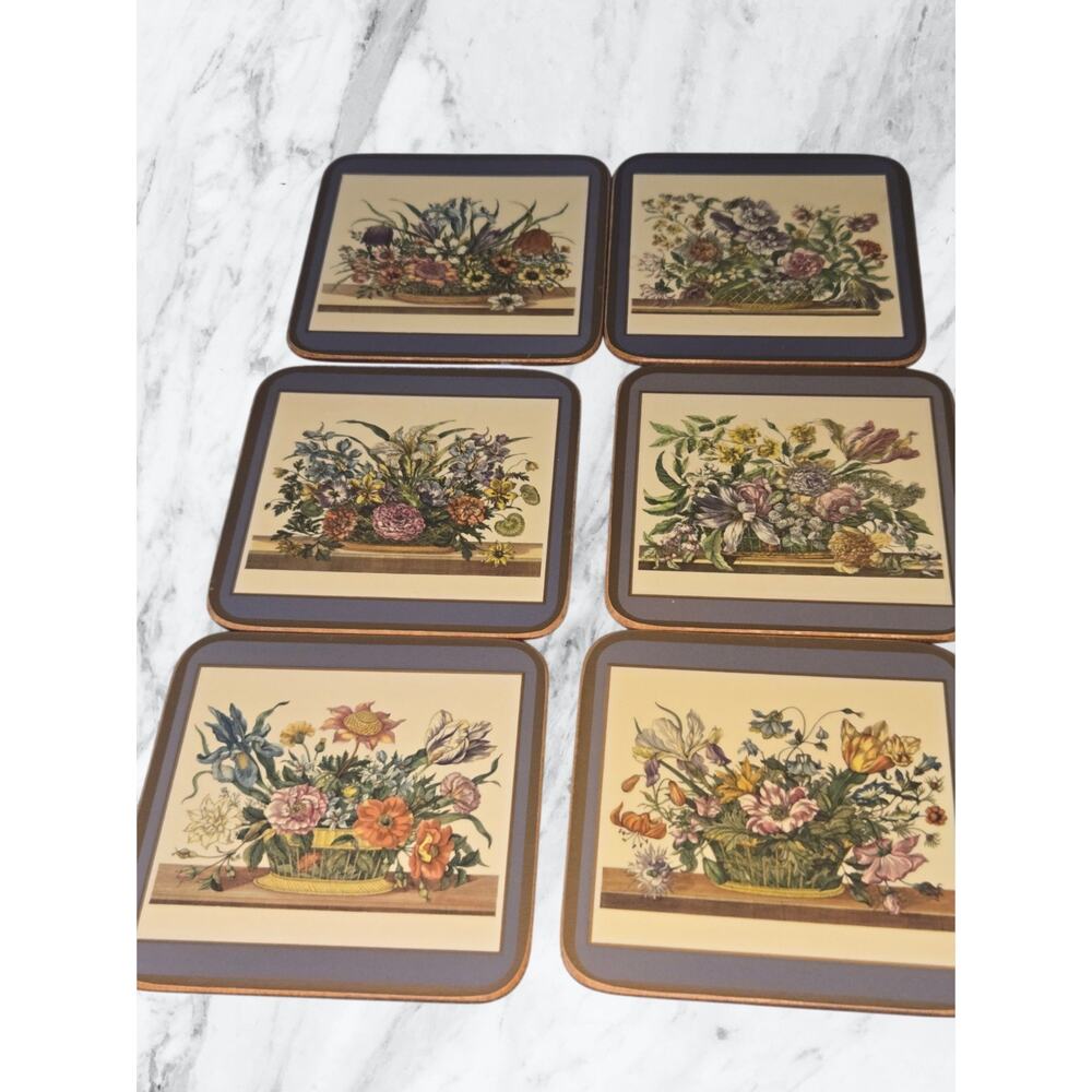Pimpernel Floral Square Cork Coaster Set 6 Pieces Vintage 1980s
